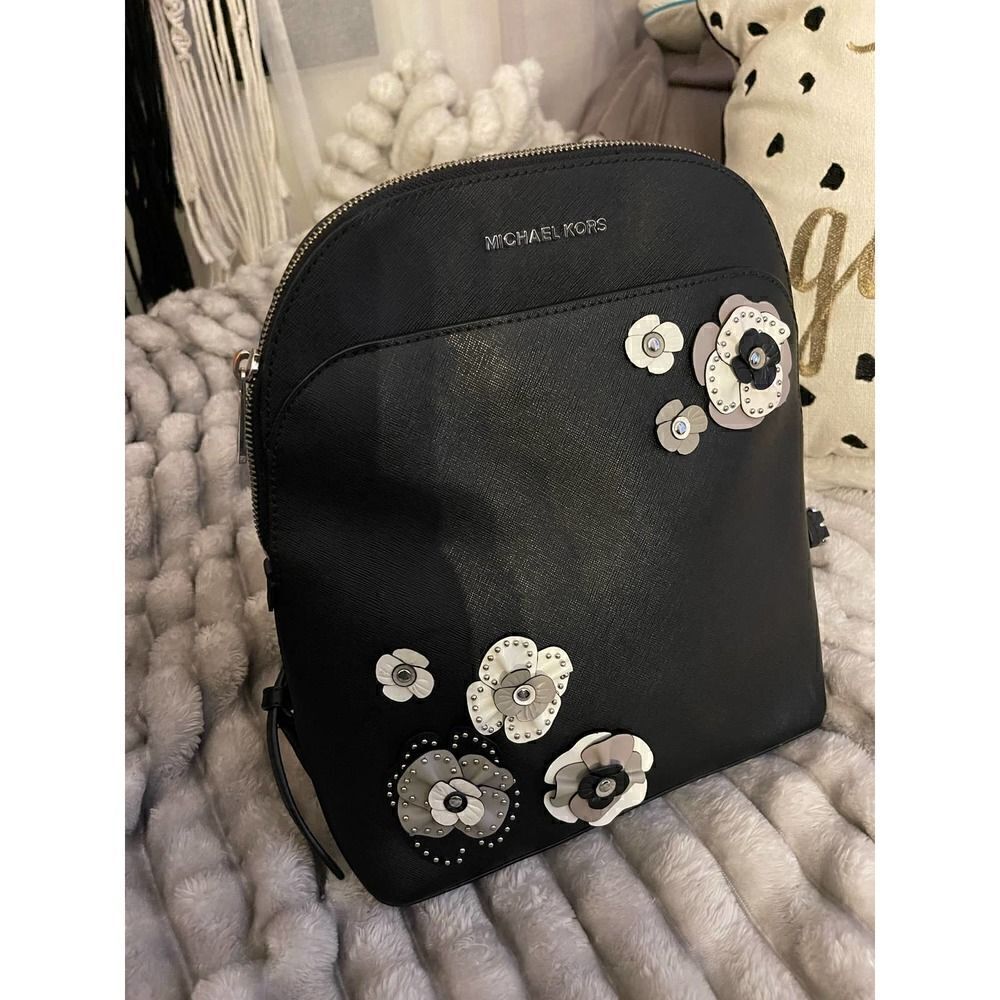Black leather MIchael Kors emmy lg backpackw/tea flower roses